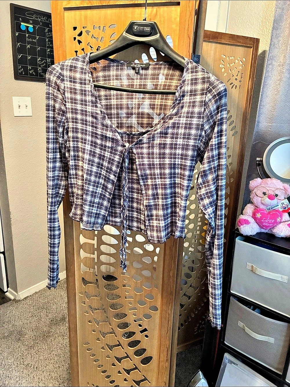 mixed threads Plaid Tie Front Blouse in Blue & Brown Size Medium